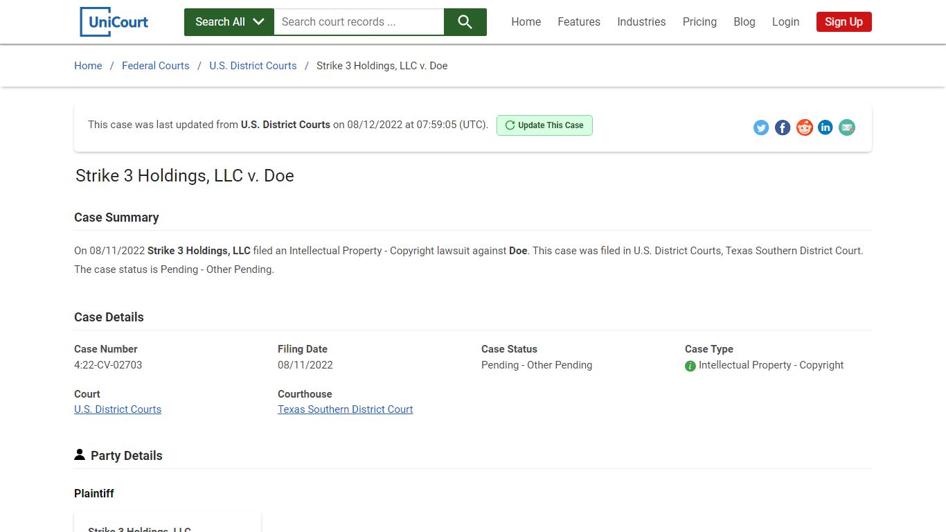 Strike 3 Holdings, LLC v Doe | 4:22-CV-02703 | Court Records - UniCourt